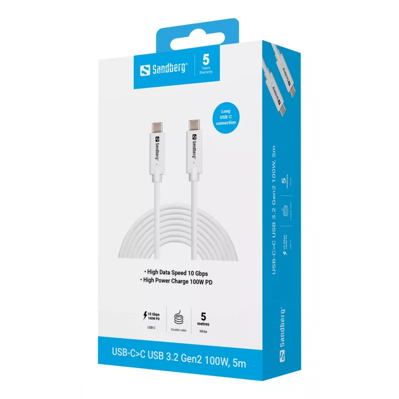 Sandberg USB-C>C USB 3.2 Gen2 100W, 5m, 5 m, USB C, USB C, USB 3.2 Gen 2 (3.1 Gen 2), 10 Gbit/s, bianco