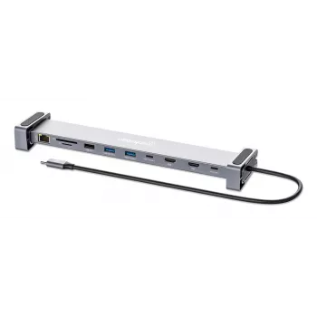 Manhattan dock/hub USB-C con lettore di schede e MST, porte (x7): Ethernet, HDMI (x2 4K@60Hz), USB-A (x3) e USB-C, con Power Delivery (PD) 100 W – richiede caricabatterie USB-C esterno (non incluso). Alimentato via USB (nessun alimentatore esterno necessario) se PD non viene utilizzato