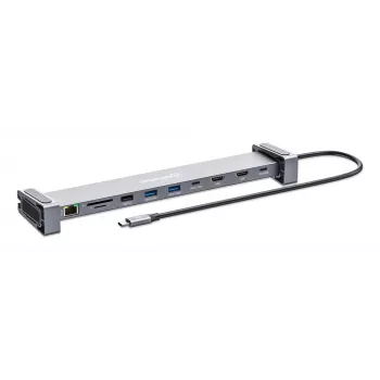 Manhattan dock/hub USB-C con lettore di schede e MST, porte (x7): Ethernet, HDMI (x2 4K@60Hz), USB-A (x3) e USB-C, con Power Delivery (PD) 100 W – richiede caricabatterie USB-C esterno (non incluso). Alimentato via USB (nessun alimentatore esterno necessario) se PD non viene utilizzato