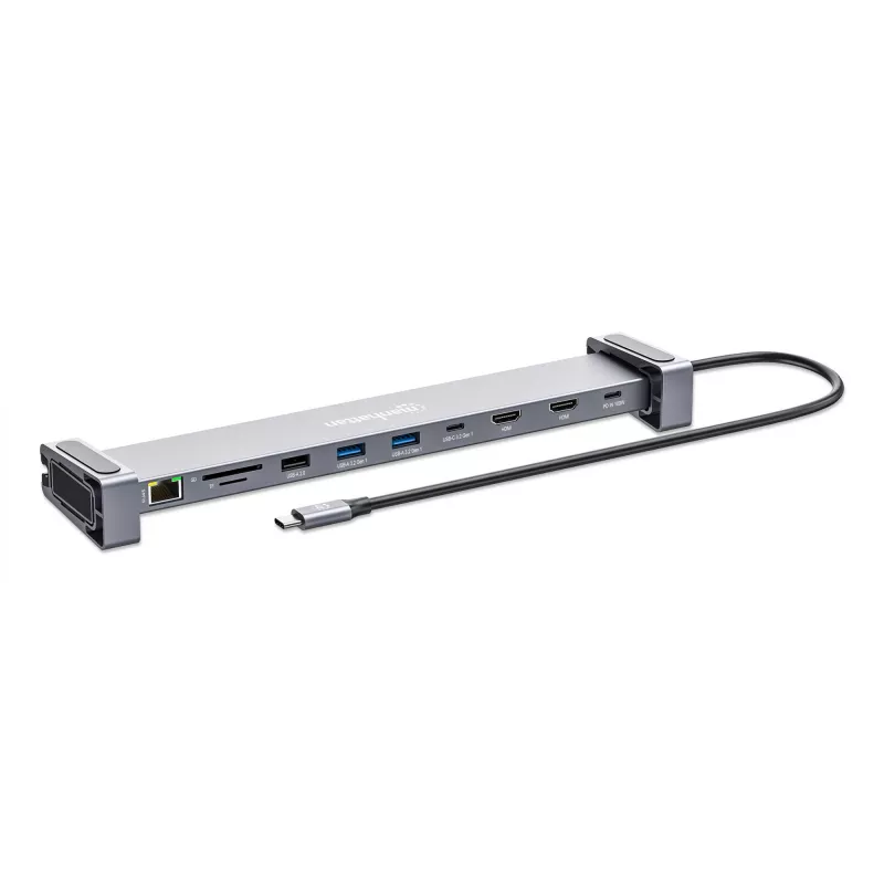 Manhattan dock/hub USB-C con lettore di schede e MST, porte (x7): Ethernet, HDMI (x2 4K@60Hz), USB-A (x3) e USB-C, con Power Delivery (PD) 100 W – richiede caricabatterie USB-C esterno (non incluso). Alimentato via USB (nessun alimentatore esterno necessario) se PD non viene utilizzato