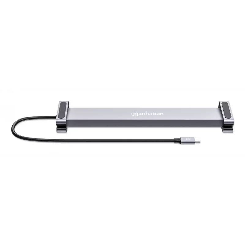 Manhattan dock/hub USB-C con lettore di schede e MST, porte (x7): Ethernet, HDMI (x2 4K@60Hz), USB-A (x3) e USB-C, con Power Delivery (PD) 100 W – richiede caricabatterie USB-C esterno (non incluso). Alimentato via USB (nessun alimentatore esterno necessario) se PD non viene utilizzato