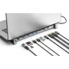 Manhattan dock/hub USB-C con lettore di schede e MST, porte (x7): Ethernet, HDMI (x2 4K@60Hz), USB-A (x3) e USB-C, con Power Delivery (PD) 100 W – richiede caricabatterie USB-C esterno (non incluso). Alimentato via USB (nessun alimentatore esterno necessario) se PD non viene utilizzato