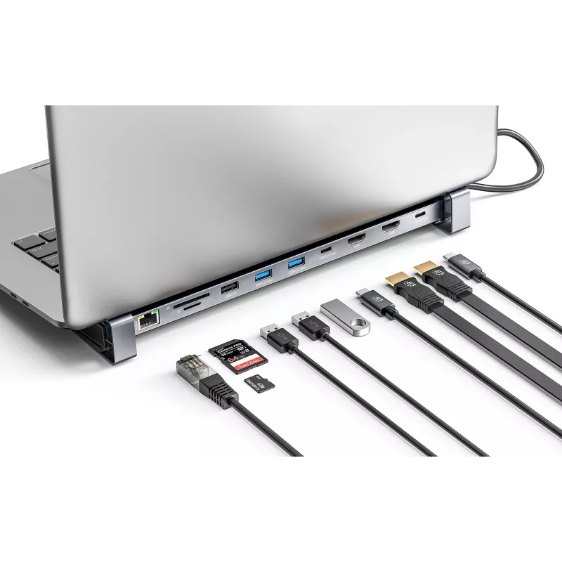 Manhattan dock/hub USB-C con lettore di schede e MST, porte (x7): Ethernet, HDMI (x2 4K@60Hz), USB-A (x3) e USB-C, con Power Delivery (PD) 100 W – richiede caricabatterie USB-C esterno (non incluso). Alimentato via USB (nessun alimentatore esterno necessario) se PD non viene utilizzato