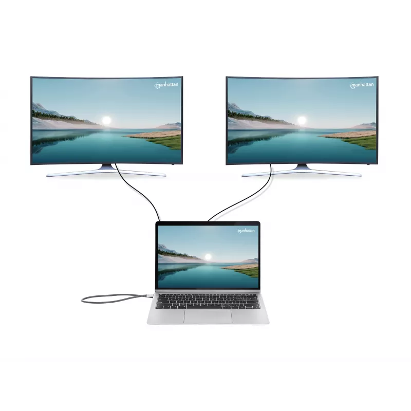 Manhattan dock/hub USB-C con lettore di schede e MST, porte (x7): Ethernet, HDMI (x2 4K@60Hz), USB-A (x3) e USB-C, con Power Delivery (PD) 100 W – richiede caricabatterie USB-C esterno (non incluso). Alimentato via USB (nessun alimentatore esterno necessario) se PD non viene utilizzato