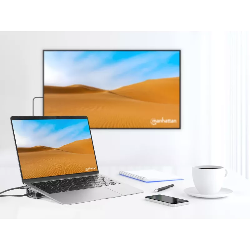 Manhattan dock/hub USB-C con lettore di schede e MST, porte (x7): Ethernet, HDMI (x2 4K@60Hz), USB-A (x3) e USB-C, con Power Delivery (PD) 100 W – richiede caricabatterie USB-C esterno (non incluso). Alimentato via USB (nessun alimentatore esterno necessario) se PD non viene utilizzato
