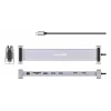 Manhattan dock/hub USB-C con lettore di schede e MST, porte (x7): Ethernet, HDMI (x2 4K@60Hz), USB-A (x3) e USB-C, con Power Delivery (PD) 100 W – richiede caricabatterie USB-C esterno (non incluso). Alimentato via USB (nessun alimentatore esterno necessario) se PD non viene utilizzato