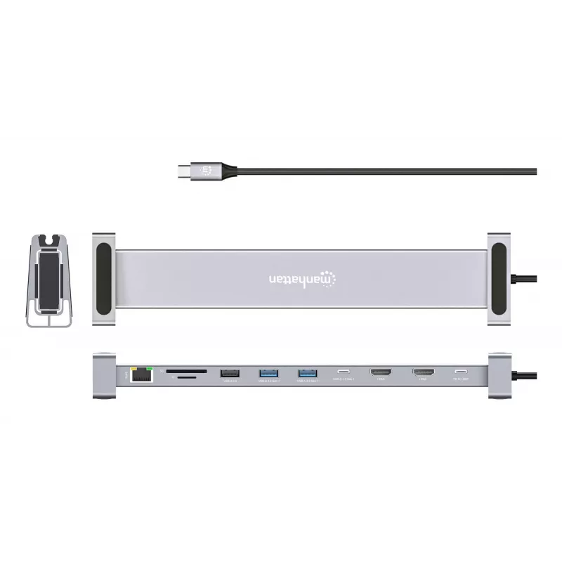 Manhattan dock/hub USB-C con lettore di schede e MST, porte (x7): Ethernet, HDMI (x2 4K@60Hz), USB-A (x3) e USB-C, con Power Delivery (PD) 100 W – richiede caricabatterie USB-C esterno (non incluso). Alimentato via USB (nessun alimentatore esterno necessario) se PD non viene utilizzato