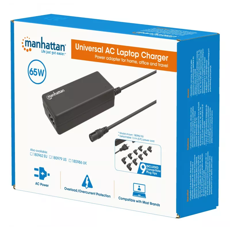 Manhattan alimentatore universale per notebook/laptop EU, 65 W, automatico con 9 punte, compatibile con la maggior parte dei laptop, ideale come alimentatore di ricambio, cavo di alimentazione EU, compatibile tra gli altri con: Acer, Asus, Dell, Fujitsu, HP, Lenovo, Samsung, Toshiba e altri