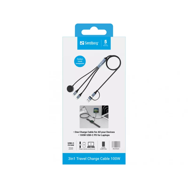 Sandberg 3in1 Travel Charge cavo 100W, 1,2 m, USB A/USB C, nero