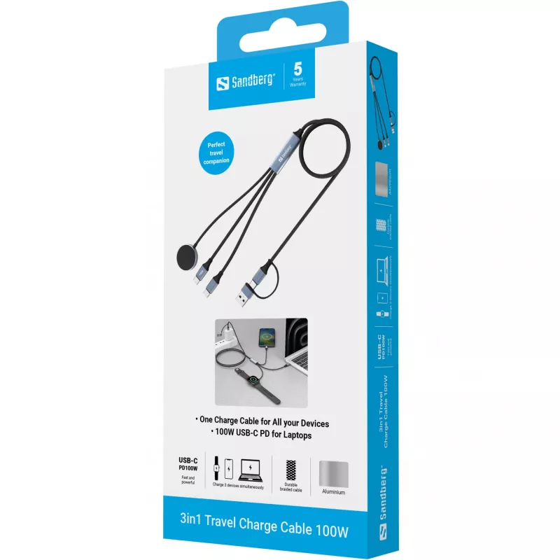 Sandberg 3in1 Travel Charge cavo 100W, 1,2 m, USB A/USB C, nero