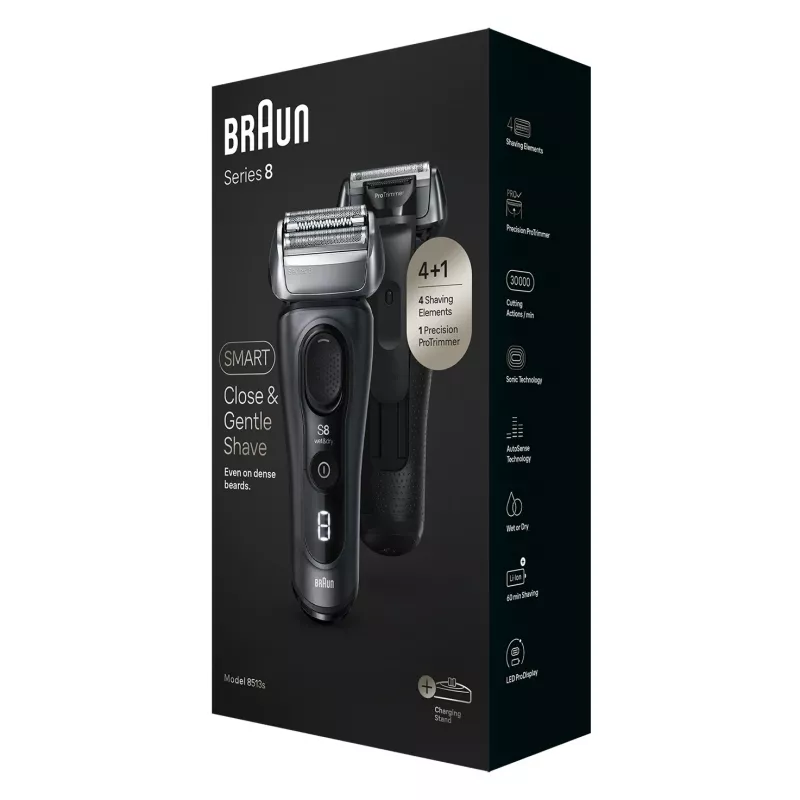 Braun Series 8 8513s rasoio wet & dry con base di ricarica e custodia da viaggio, fjordgrau