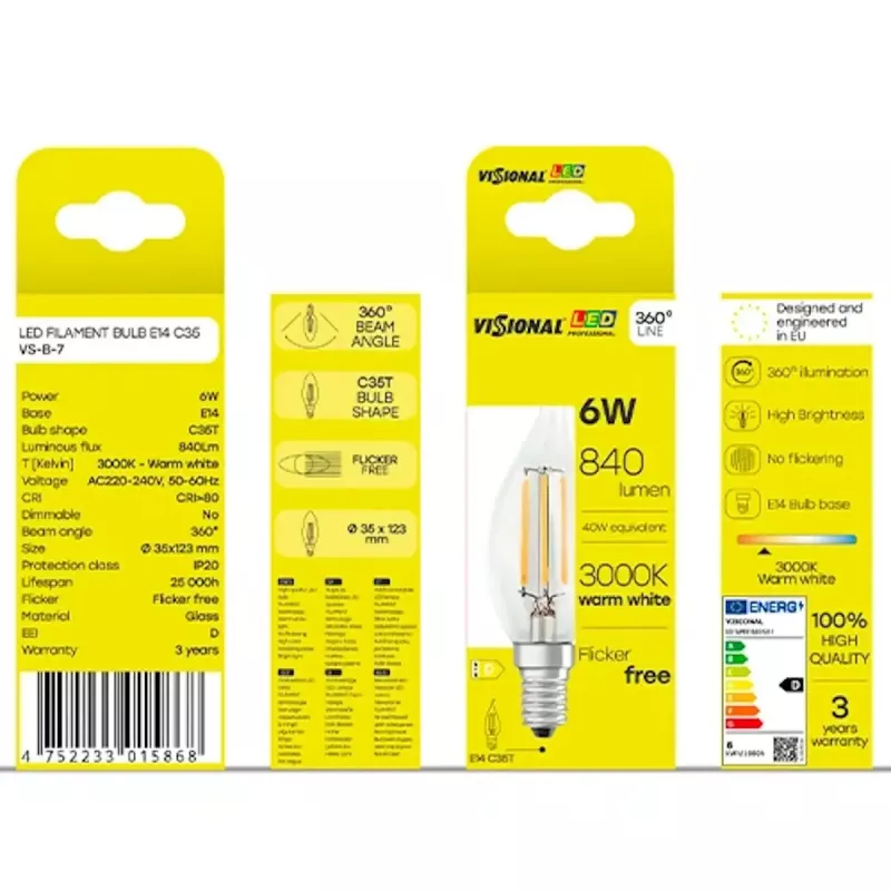 Lampadina LED VISIONAL VS-B-7 6W, 840 lm, 3000K