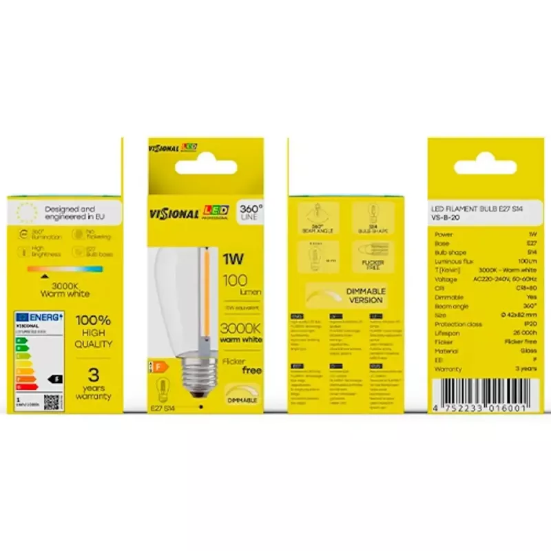 Lampada LED VISIONAL VS-B-20 1W 100 lm 3000K, classe di efficienza energetica F
