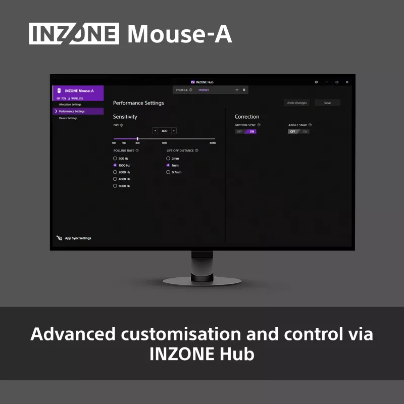Mouse da gaming wireless Sony INZONE per destrimani RF ottico 30000 DPI, accelerazione 70G, scroll a rotella