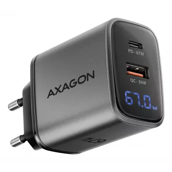 Caricabatterie da parete AXAGON ACU-PQ67D, 67W, USB-C PD3.0 + USB-A QC4+, 2 uscite, display LCD, 100–240V