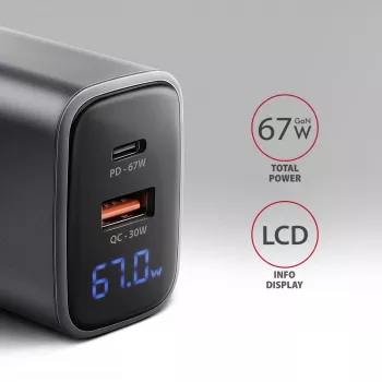 Caricabatterie da parete AXAGON ACU-PQ67D, 67W, USB-C PD3.0 + USB-A QC4+, 2 uscite, display LCD, 100–240V
