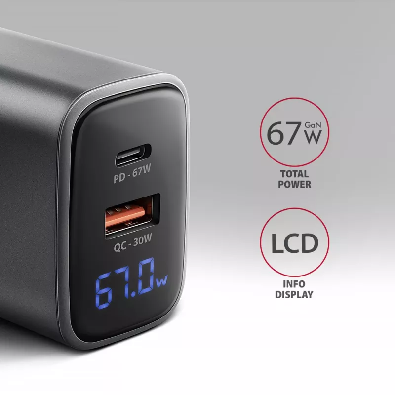 Caricabatterie da parete AXAGON ACU-PQ67D, 67W, USB-C PD3.0 + USB-A QC4+, 2 uscite, display LCD, 100–240V