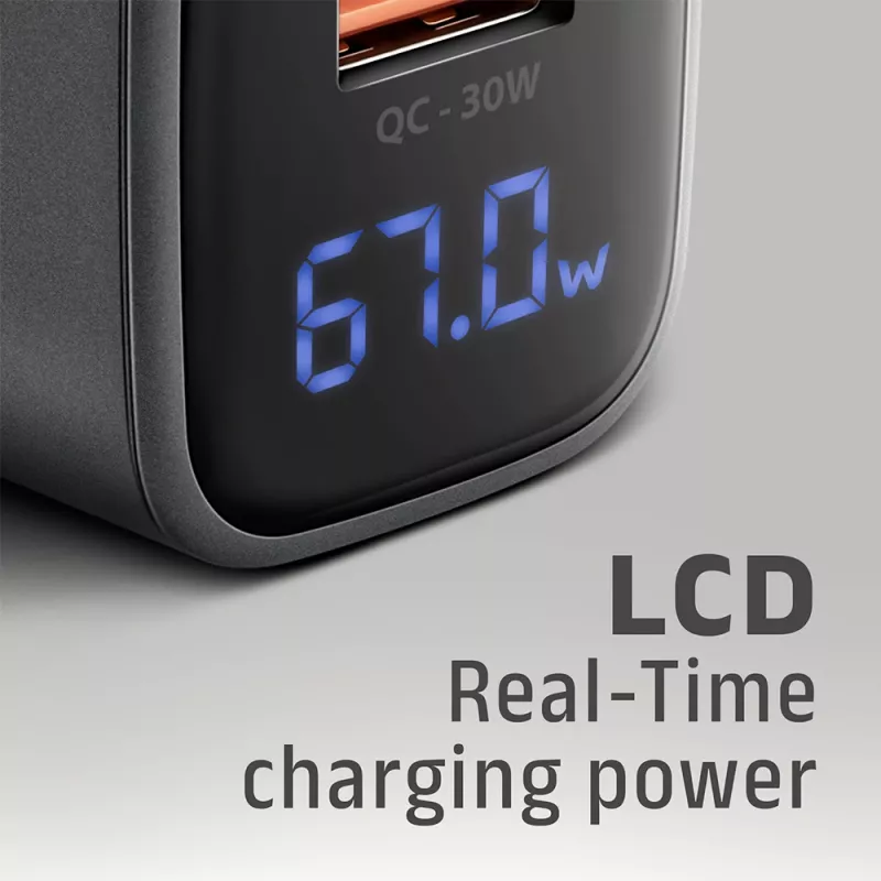 Caricabatterie da parete AXAGON ACU-PQ67D, 67W, USB-C PD3.0 + USB-A QC4+, 2 uscite, display LCD, 100–240V