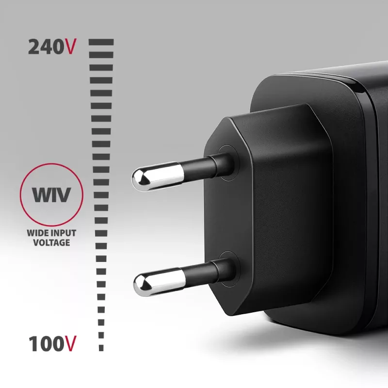 Caricabatterie da parete AXAGON ACU-PQ67D, 67W, USB-C PD3.0 + USB-A QC4+, 2 uscite, display LCD, 100–240V