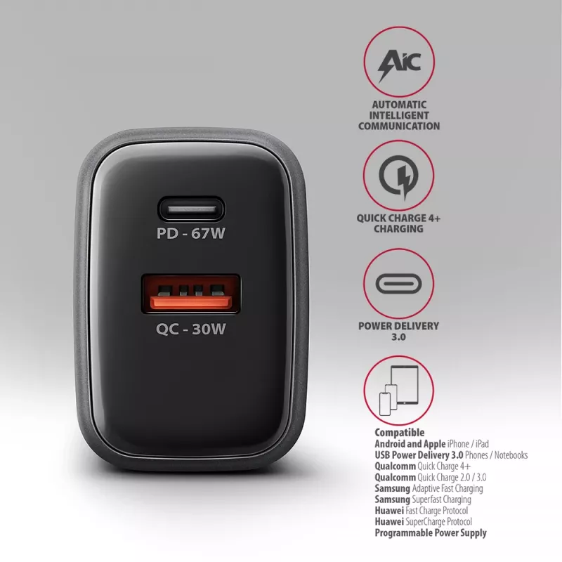 Caricabatterie da parete AXAGON ACU-PQ67D, 67W, USB-C PD3.0 + USB-A QC4+, 2 uscite, display LCD, 100–240V