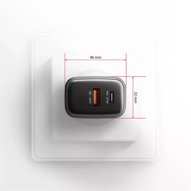 Caricabatterie da parete AXAGON ACU-PQ67D, 67W, USB-C PD3.0 + USB-A QC4+, 2 uscite, display LCD, 100–240V