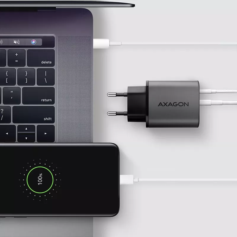 Caricabatterie da parete AXAGON ACU-PQ67D, 67W, USB-C PD3.0 + USB-A QC4+, 2 uscite, display LCD, 100–240V