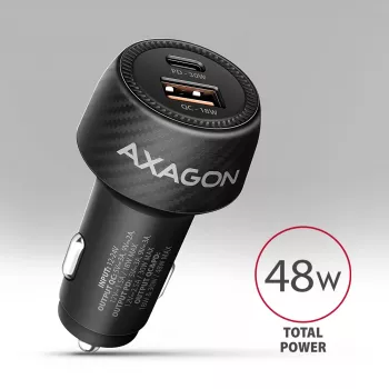 Caricabatterie da auto AXAGON PWC-PQ48, 48 W, USB-C (PD3.0) + USB-A (QC4+), ingresso 12–24 V, nero