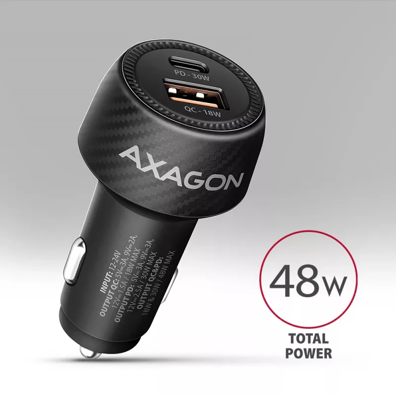 Caricabatterie da auto AXAGON PWC-PQ48, 48 W, USB-C (PD3.0) + USB-A (QC4+), ingresso 12–24 V, nero