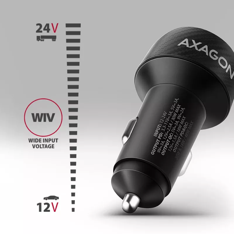 Caricabatterie da auto AXAGON PWC-PQ48, 48 W, USB-C (PD3.0) + USB-A (QC4+), ingresso 12–24 V, nero