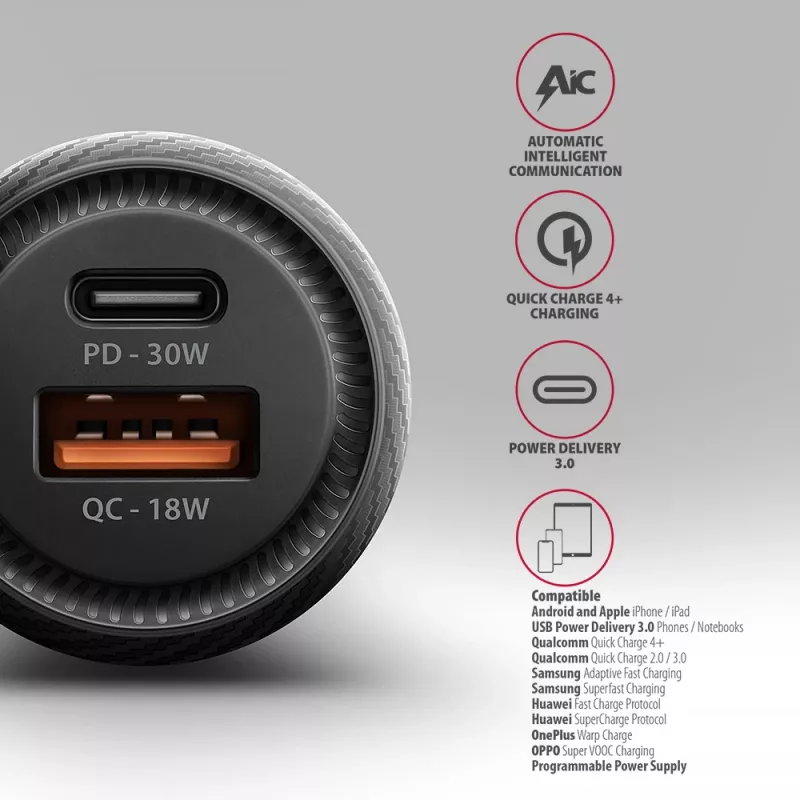 Caricabatterie da auto AXAGON PWC-PQ48, 48 W, USB-C (PD3.0) + USB-A (QC4+), ingresso 12–24 V, nero