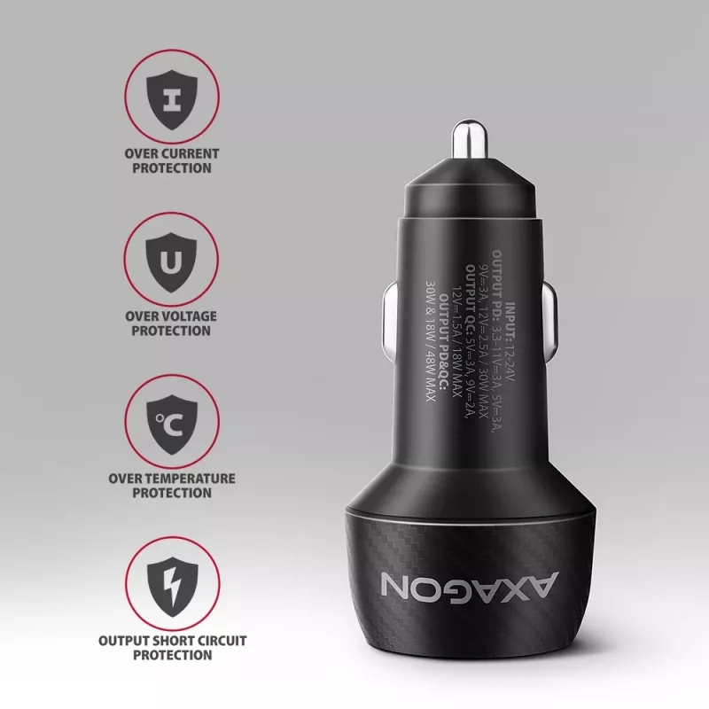 Caricabatterie da auto AXAGON PWC-PQ48, 48 W, USB-C (PD3.0) + USB-A (QC4+), ingresso 12–24 V, nero
