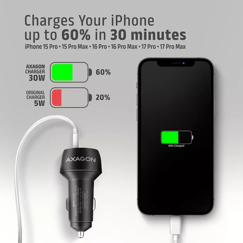 Caricabatterie da auto AXAGON PWC-PQ48, 48 W, USB-C (PD3.0) + USB-A (QC4+), ingresso 12–24 V, nero