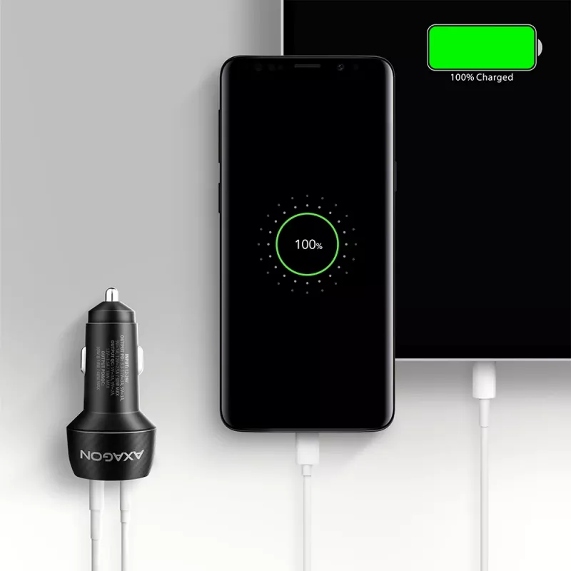 Caricabatterie da auto AXAGON PWC-PQ48, 48 W, USB-C (PD3.0) + USB-A (QC4+), ingresso 12–24 V, nero