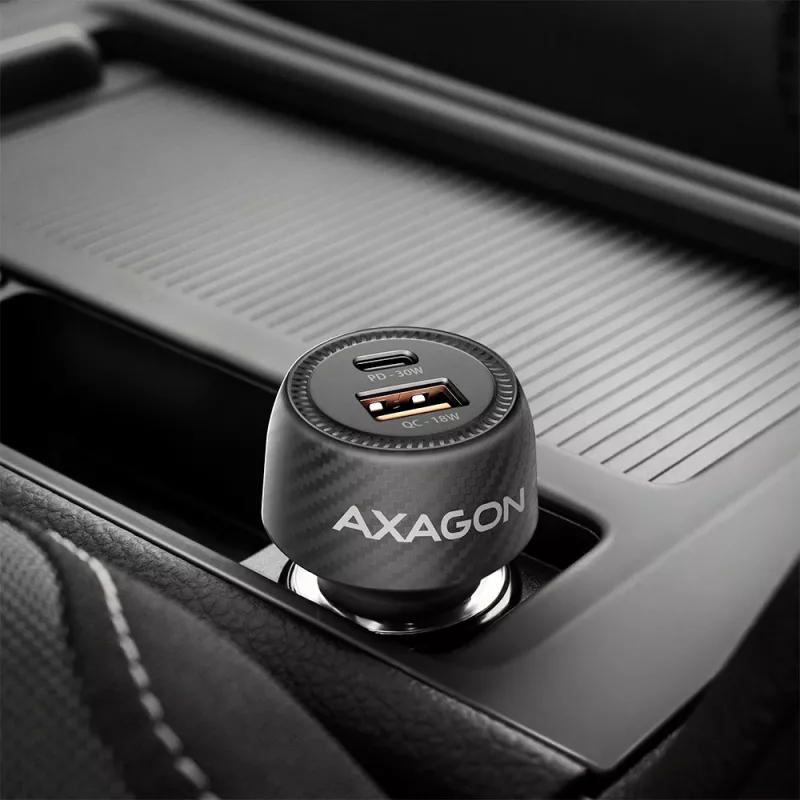 Caricabatterie da auto AXAGON PWC-PQ48, 48 W, USB-C (PD3.0) + USB-A (QC4+), ingresso 12–24 V, nero