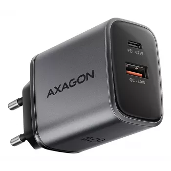 Alimentatore AXAGON ACU-PQ67, 67W, PD3.0 + QC4+, 1x USB-C + 1x USB-A, 100–240V, grigio/nero