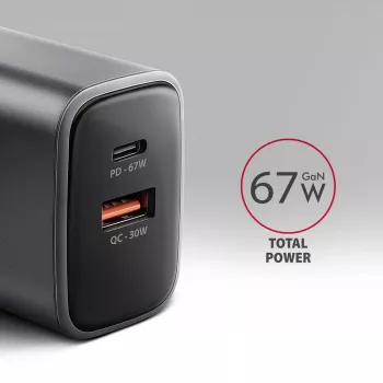 Alimentatore AXAGON ACU-PQ67, 67W, PD3.0 + QC4+, 1x USB-C + 1x USB-A, 100–240V, grigio/nero