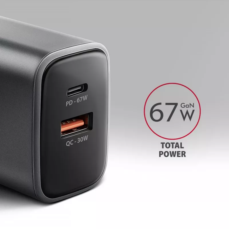 Alimentatore AXAGON ACU-PQ67, 67W, PD3.0 + QC4+, 1x USB-C + 1x USB-A, 100–240V, grigio/nero