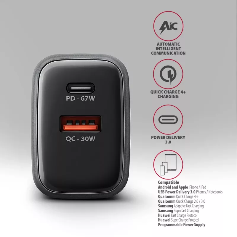 Alimentatore AXAGON ACU-PQ67, 67W, PD3.0 + QC4+, 1x USB-C + 1x USB-A, 100–240V, grigio/nero