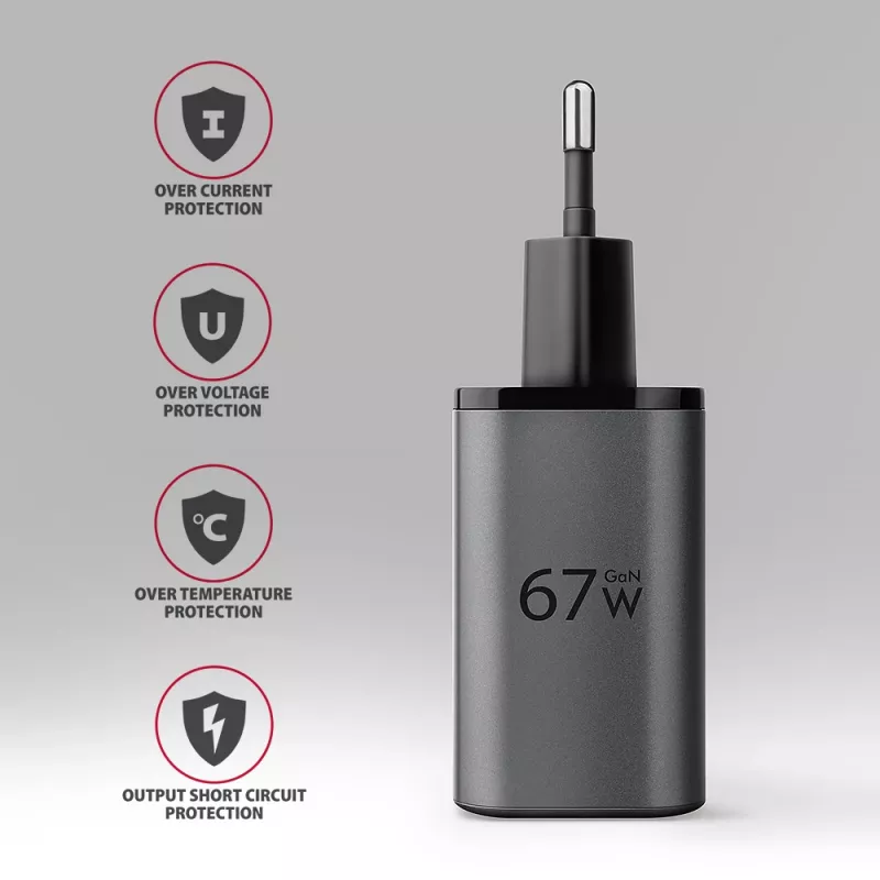 Alimentatore AXAGON ACU-PQ67, 67W, PD3.0 + QC4+, 1x USB-C + 1x USB-A, 100–240V, grigio/nero