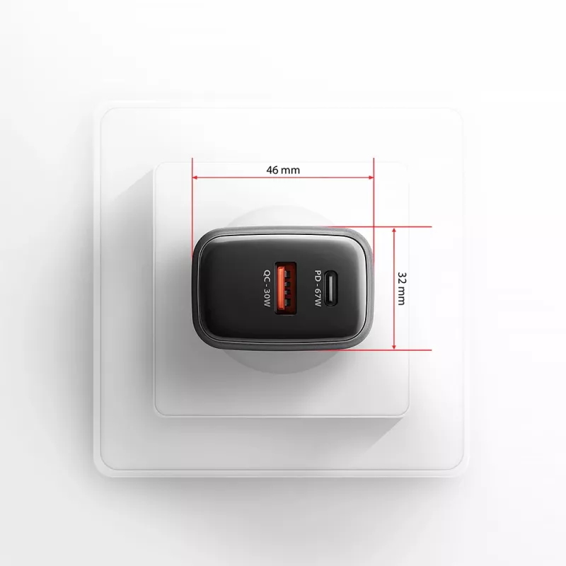 Alimentatore AXAGON ACU-PQ67, 67W, PD3.0 + QC4+, 1x USB-C + 1x USB-A, 100–240V, grigio/nero