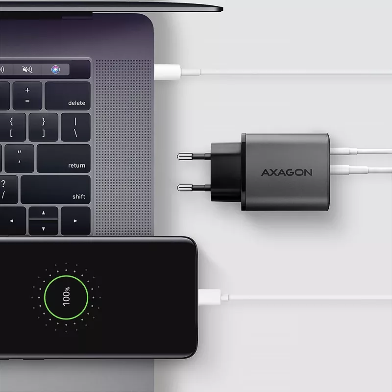 Alimentatore AXAGON ACU-PQ67, 67W, PD3.0 + QC4+, 1x USB-C + 1x USB-A, 100–240V, grigio/nero