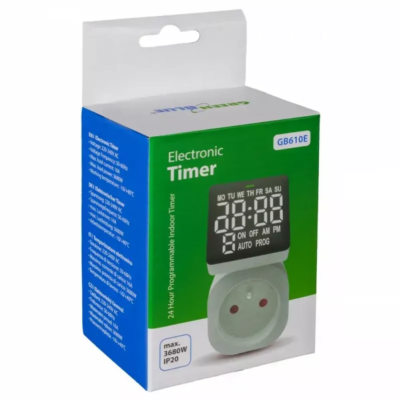 Timer digitale GreenBlue GB610E, carico max 16A, IP20, cicli on/off programmabili