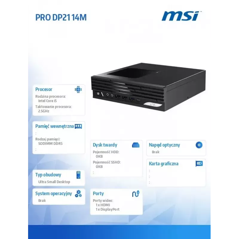 PC desktop MSI PRO DP21 14M-243BEU — Intel Core i5-14400, Wi‑Fi, Bluetooth, nero