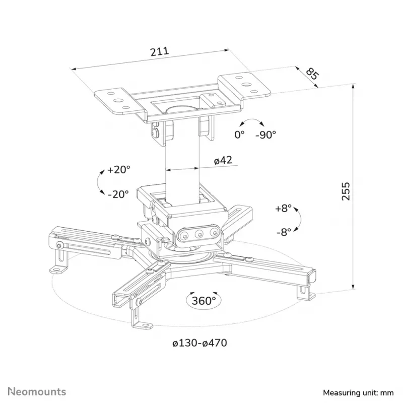 Supporto da soffitto per proiettore Neomounts CL25-530WH1 — completamente orientabile, carico max. 45 kg, altezza 25,5 cm, bianco
