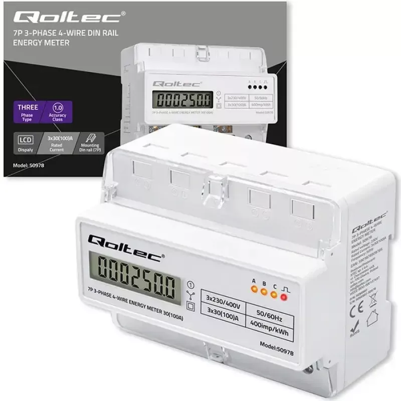 Contatore di energia trifase per guida DIN QOLTEC 50978 — 400 V, 100 A