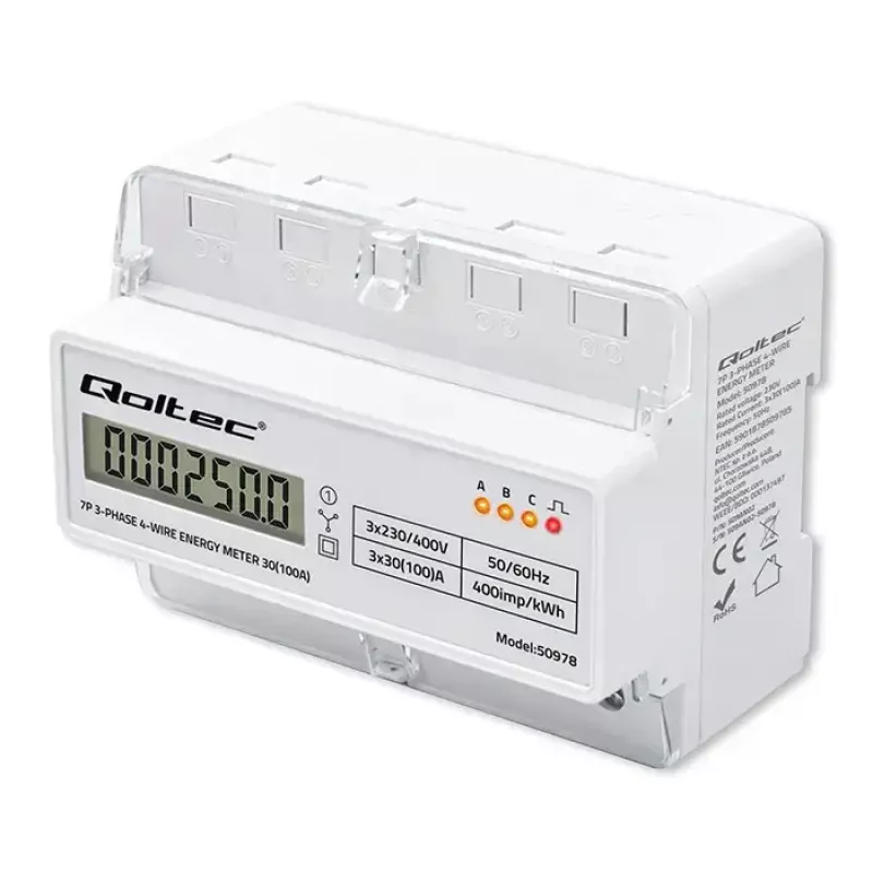 Contatore di energia trifase per guida DIN QOLTEC 50978 — 400 V, 100 A