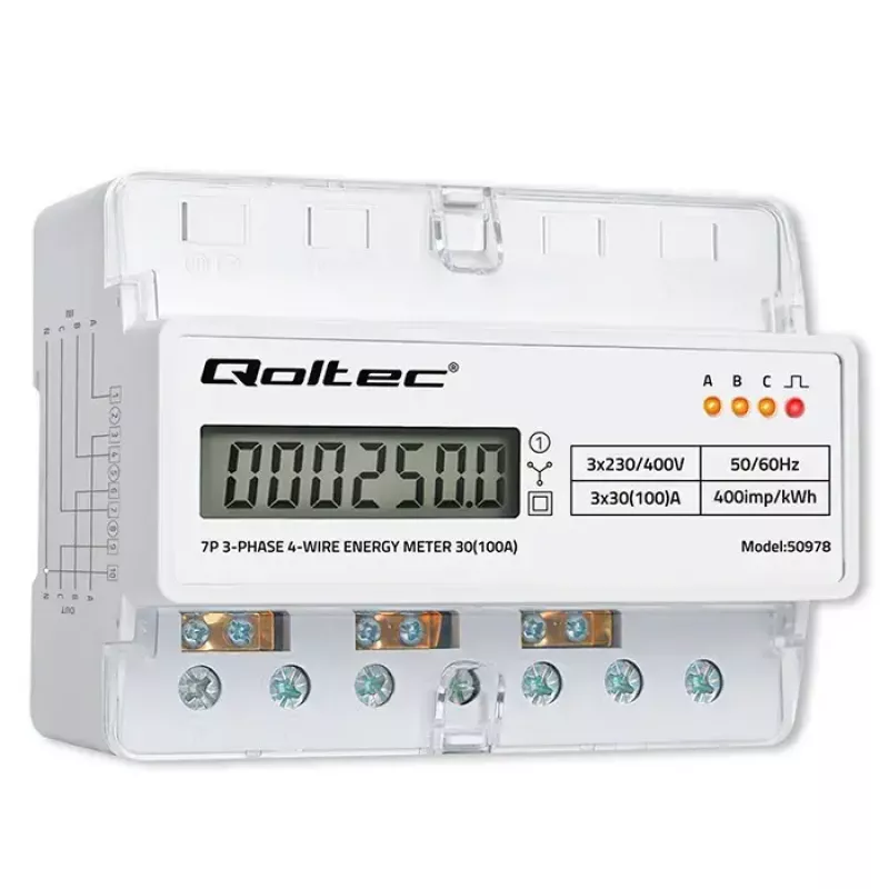 Contatore di energia trifase per guida DIN QOLTEC 50978 — 400 V, 100 A