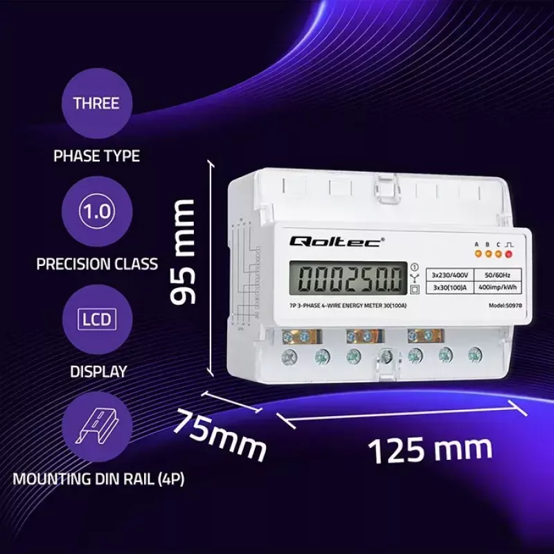 Contatore di energia trifase per guida DIN QOLTEC 50978 — 400 V, 100 A