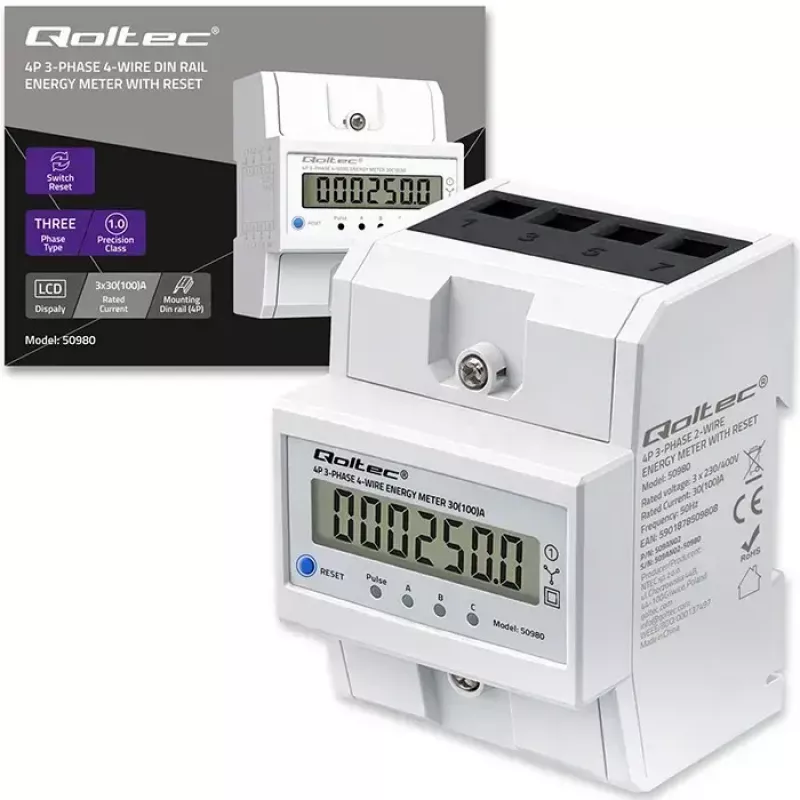 Contatore di energia trifase QOLTEC 50980 — 400 V, 100 A con reset