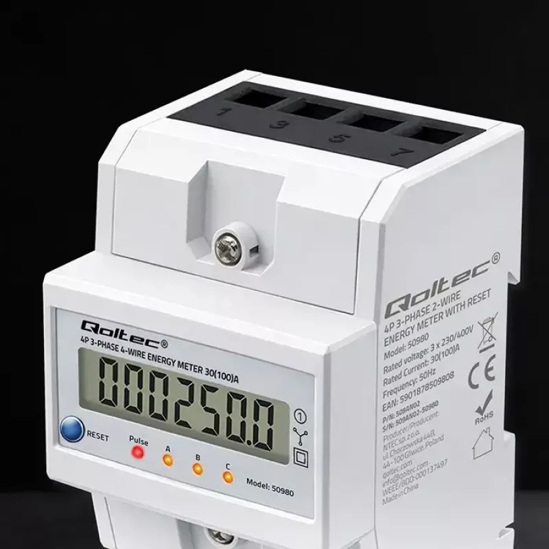 Contatore di energia trifase QOLTEC 50980 — 400 V, 100 A con reset